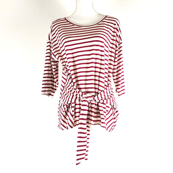 NEW! Express One Eleven SIZE M Red Pink White Stripe Tie Front Blouse 3/4 Sleeve - Picture 11 of 11